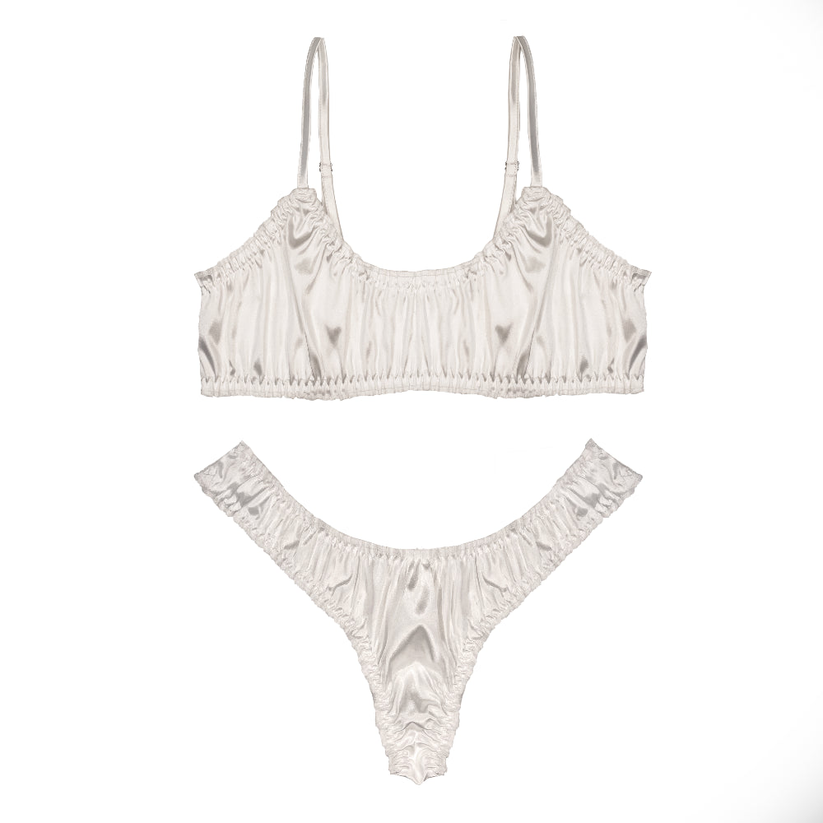 White Silk Ruffled Underwear and Bralette Set